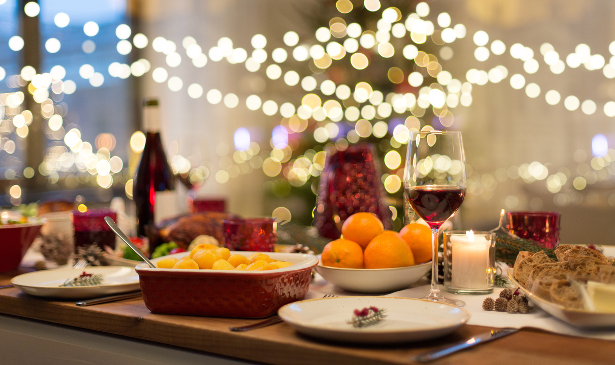 food and drinks on christmas table at home